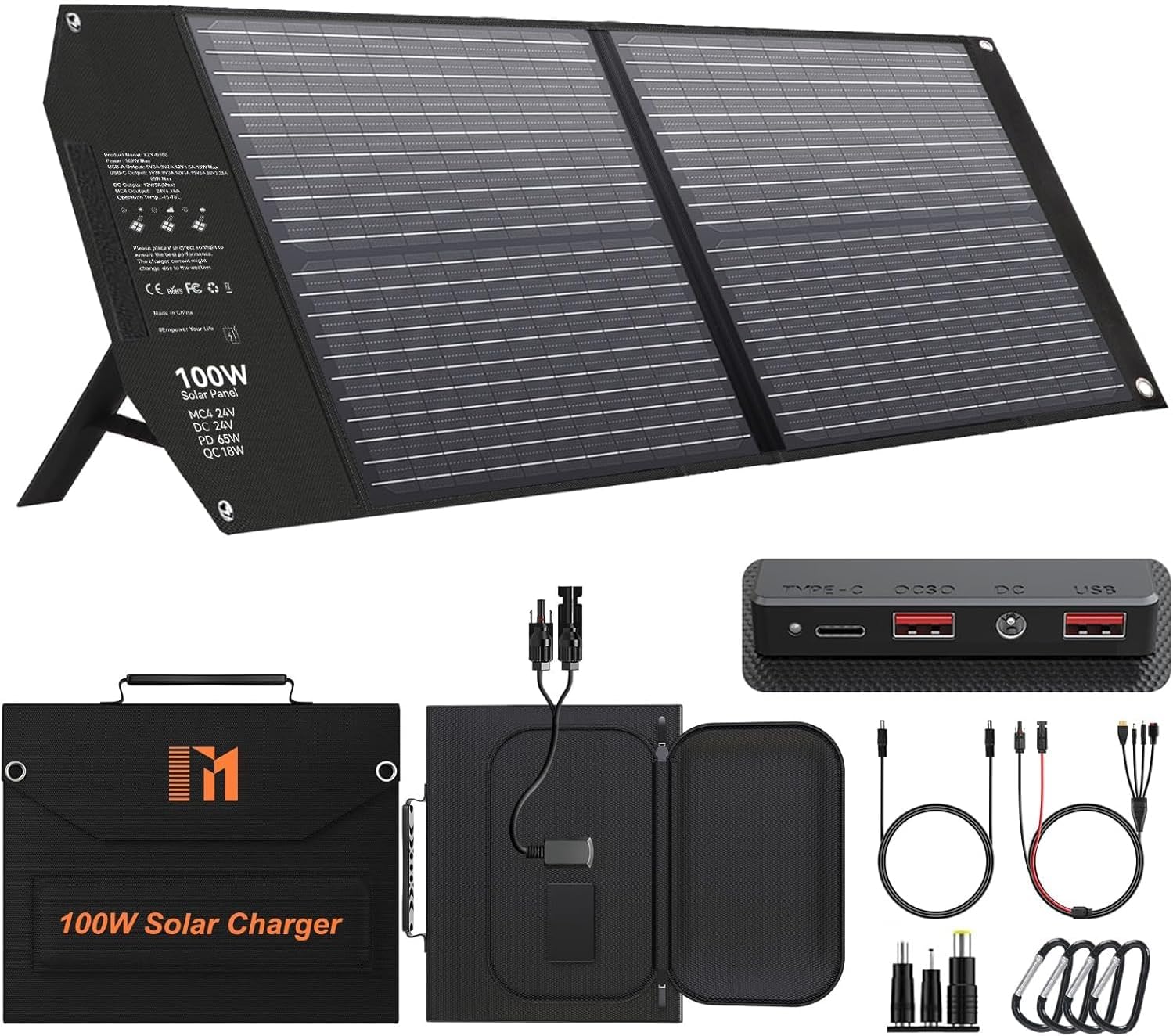 100W Portable Solar Panel, USB-C PD, 65W Fast Charging, 24V MC4 DC