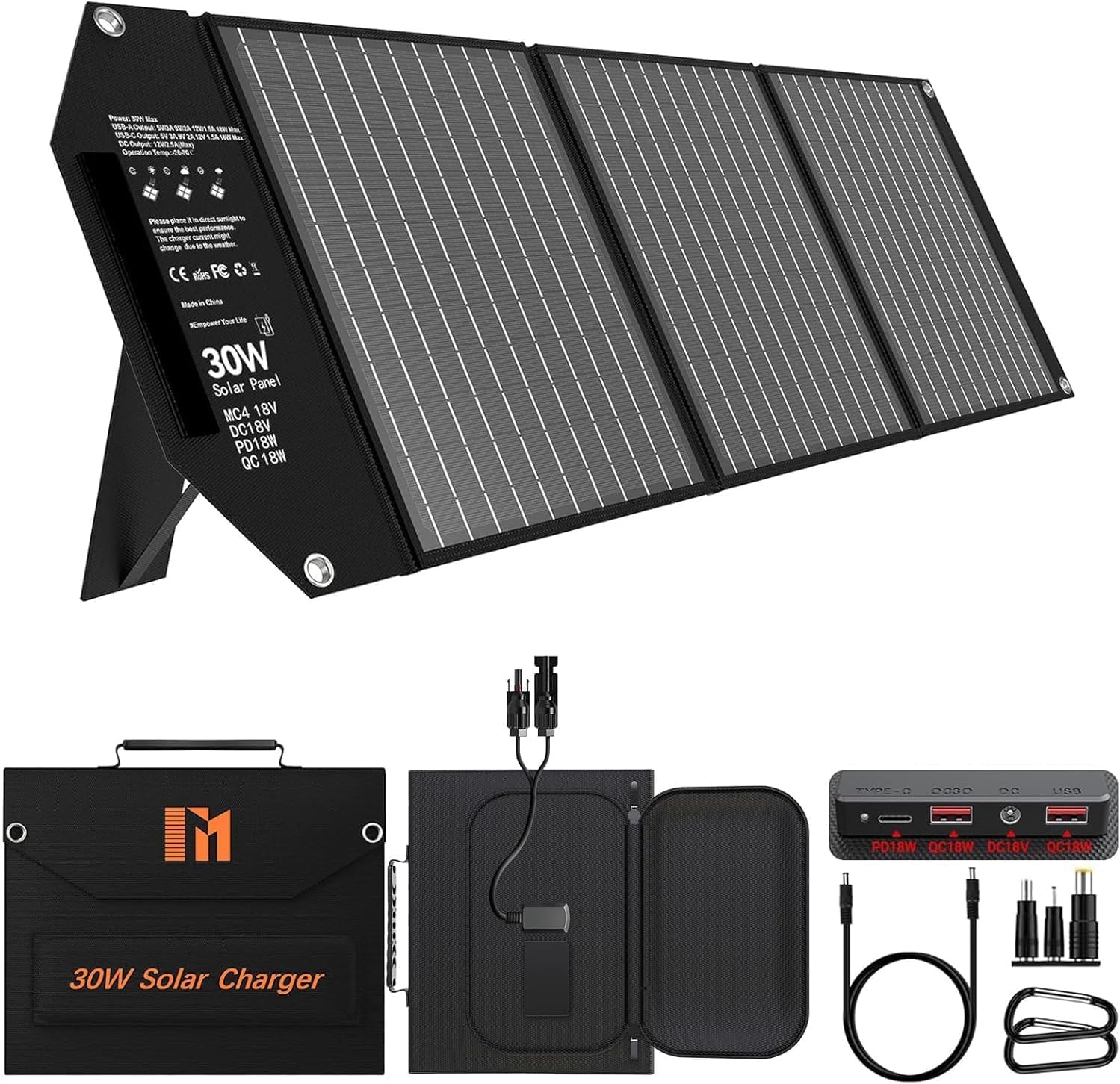 30W Solar Panel with 5 Ports, 18 V MC-4 / 18 V DC/QC 3.0 USB-A and