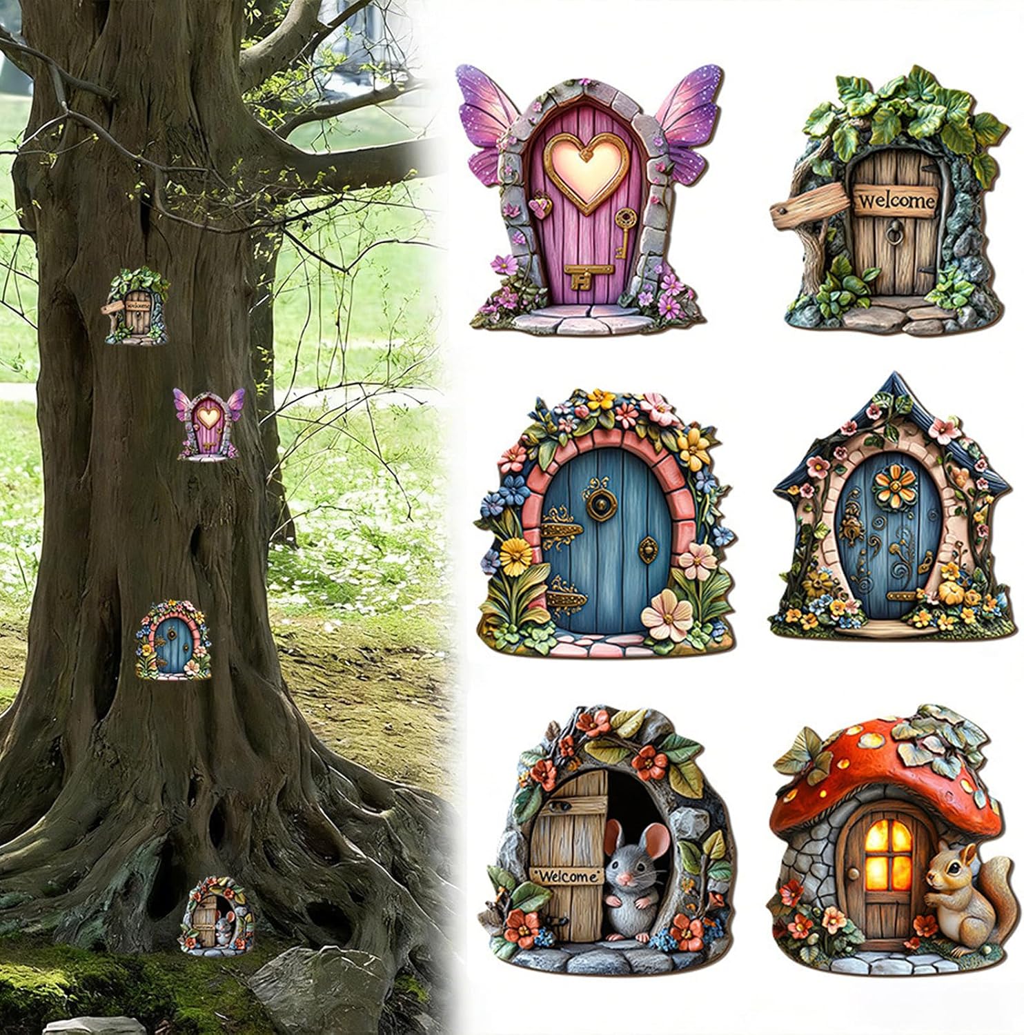 6 Pieces Wooden Fairy Doors, Fairy Garden Elf Tree Door, 2D Miniature