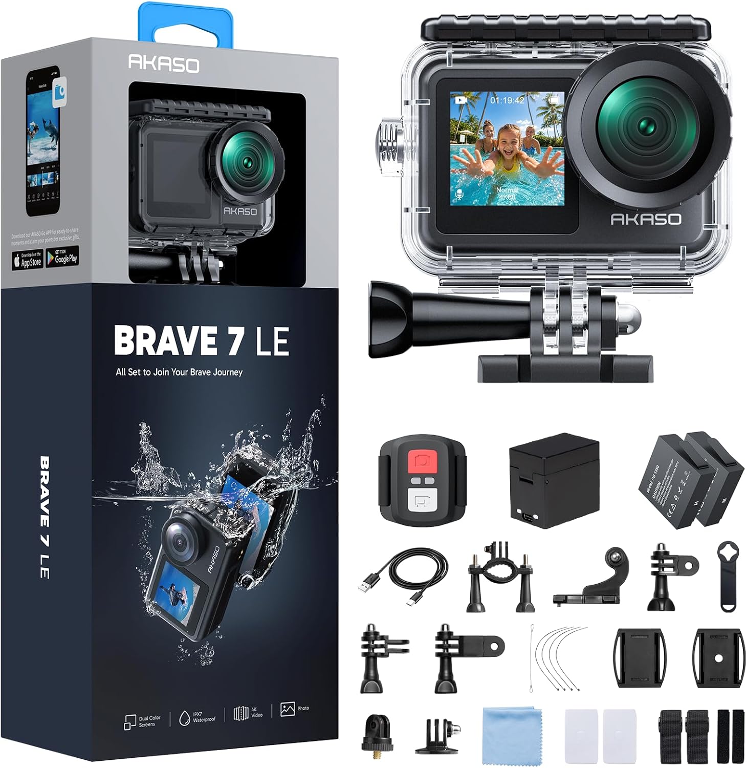 AKASO Brave 7 LE Action Cam 4K 30FPS 20MP WiFi, 40M Underwater Camera