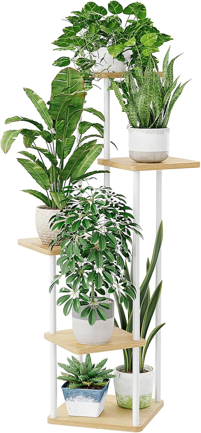 Bamworld 5 Tier Indoor Outdoor Plant Rack - Wooden and Metal Planter,
