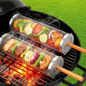 Barbecue Baskets Set Stainless Steel with Wooden Handle - 2 Swivel