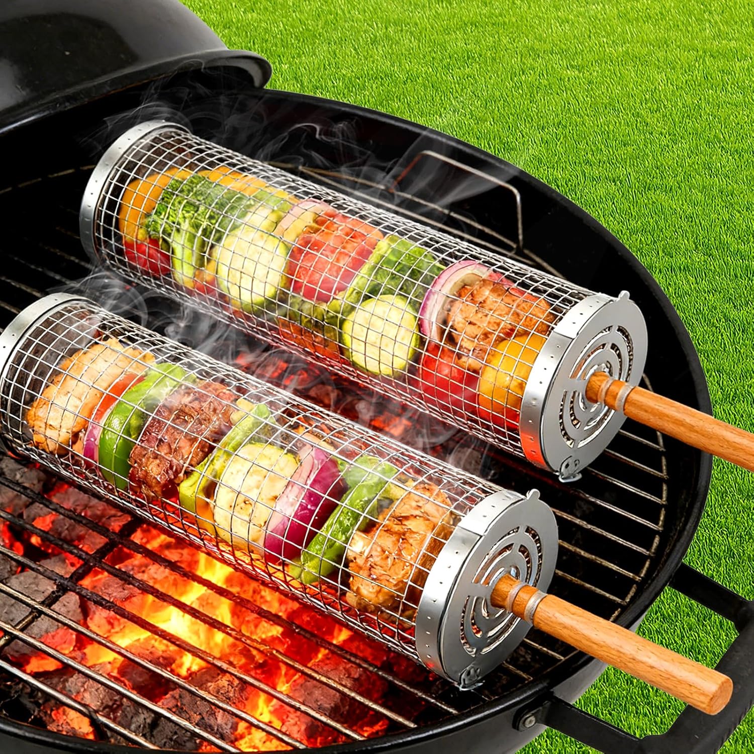 Barbecue Baskets Set Stainless Steel with Wooden Handle - 2 Swivel