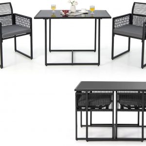 COSTWAY 3 Piece Garden Dining Set, Outdoor PE Rattan Table and Chairs