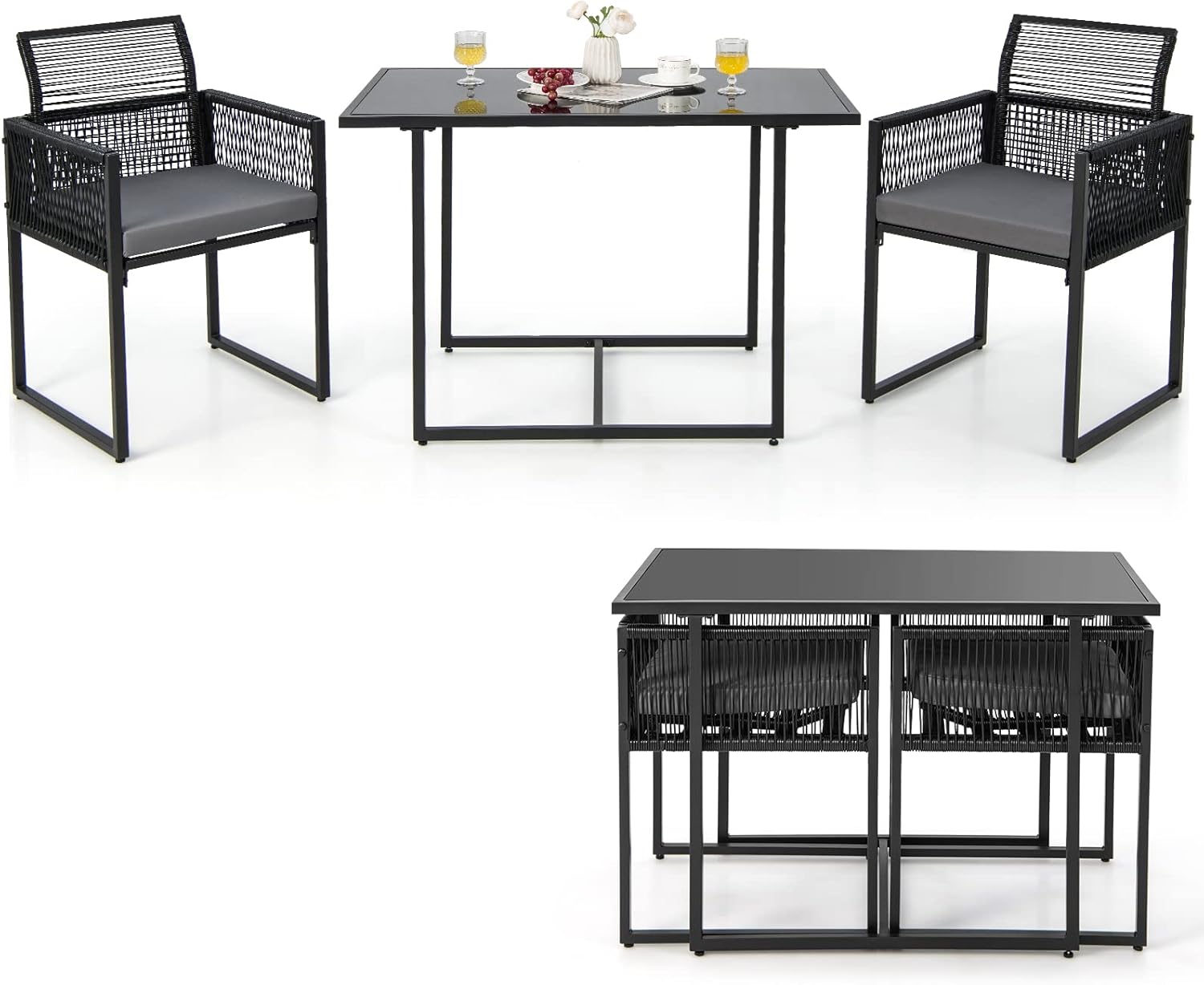 COSTWAY 3 Piece Garden Dining Set, Outdoor PE Rattan Table and Chairs