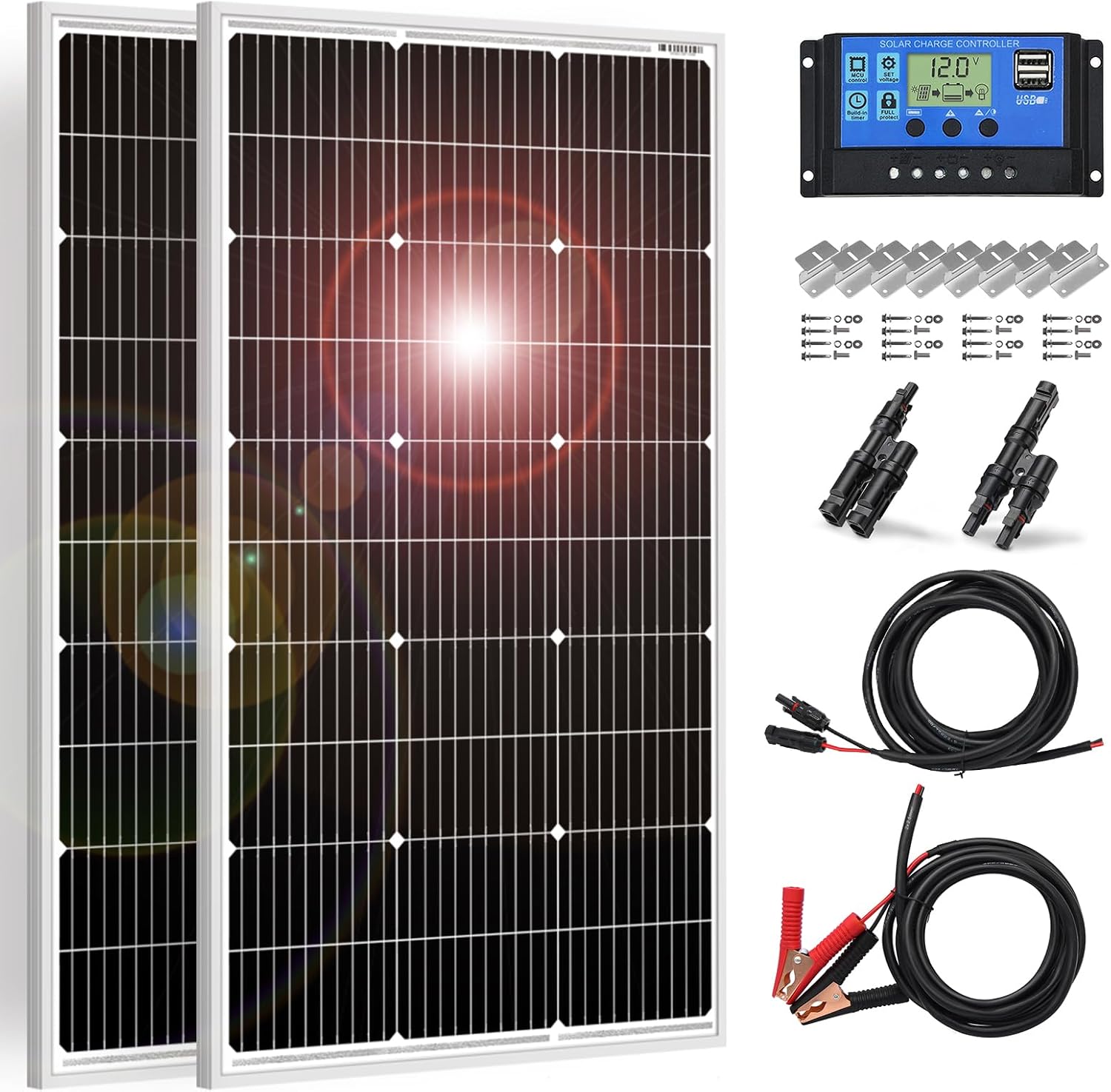 DOKIO 2PC Solar Panel 100W 12V Monocrystalline Photovoltaic System