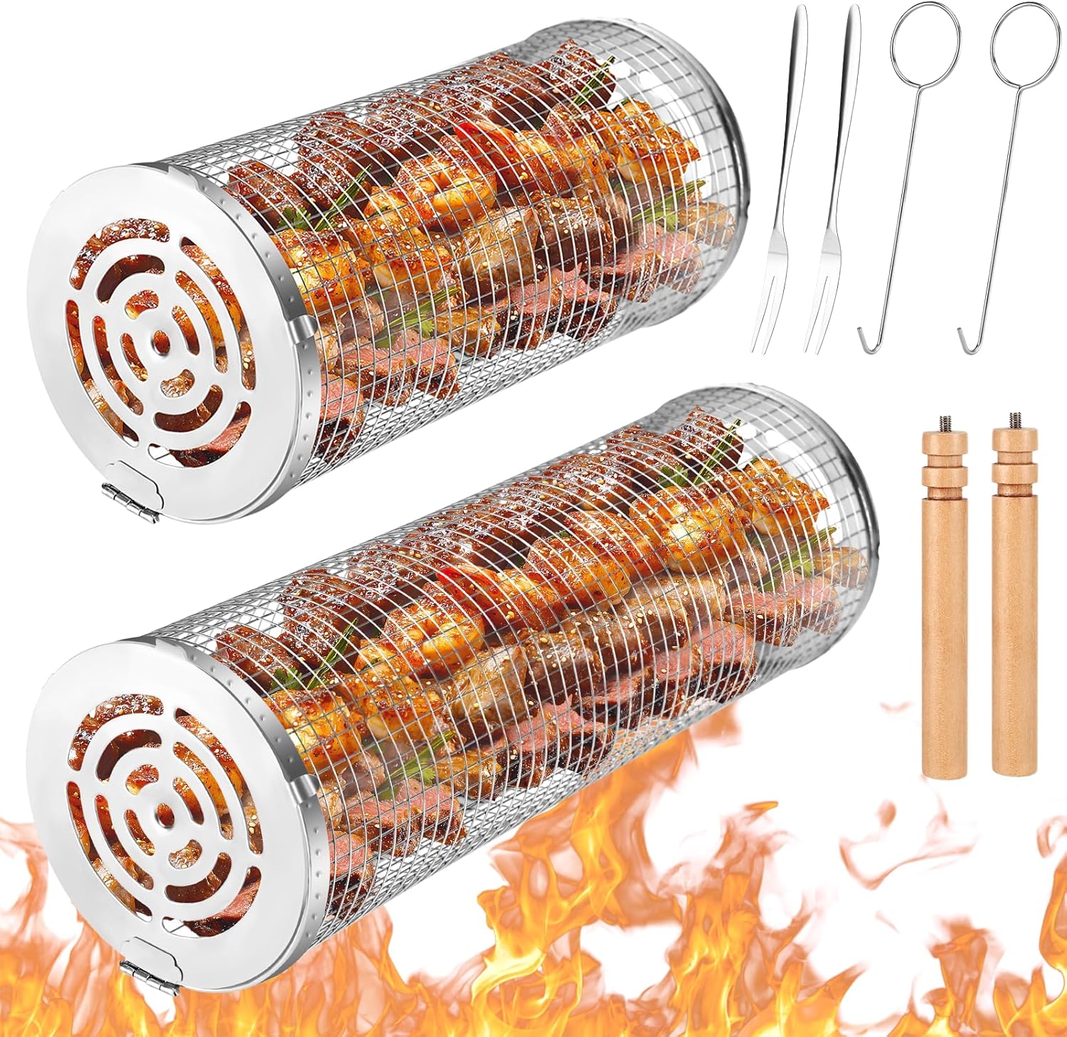 Farerkass Grilling Basket Set, 2 Pieces Rotating Grilling Basket,