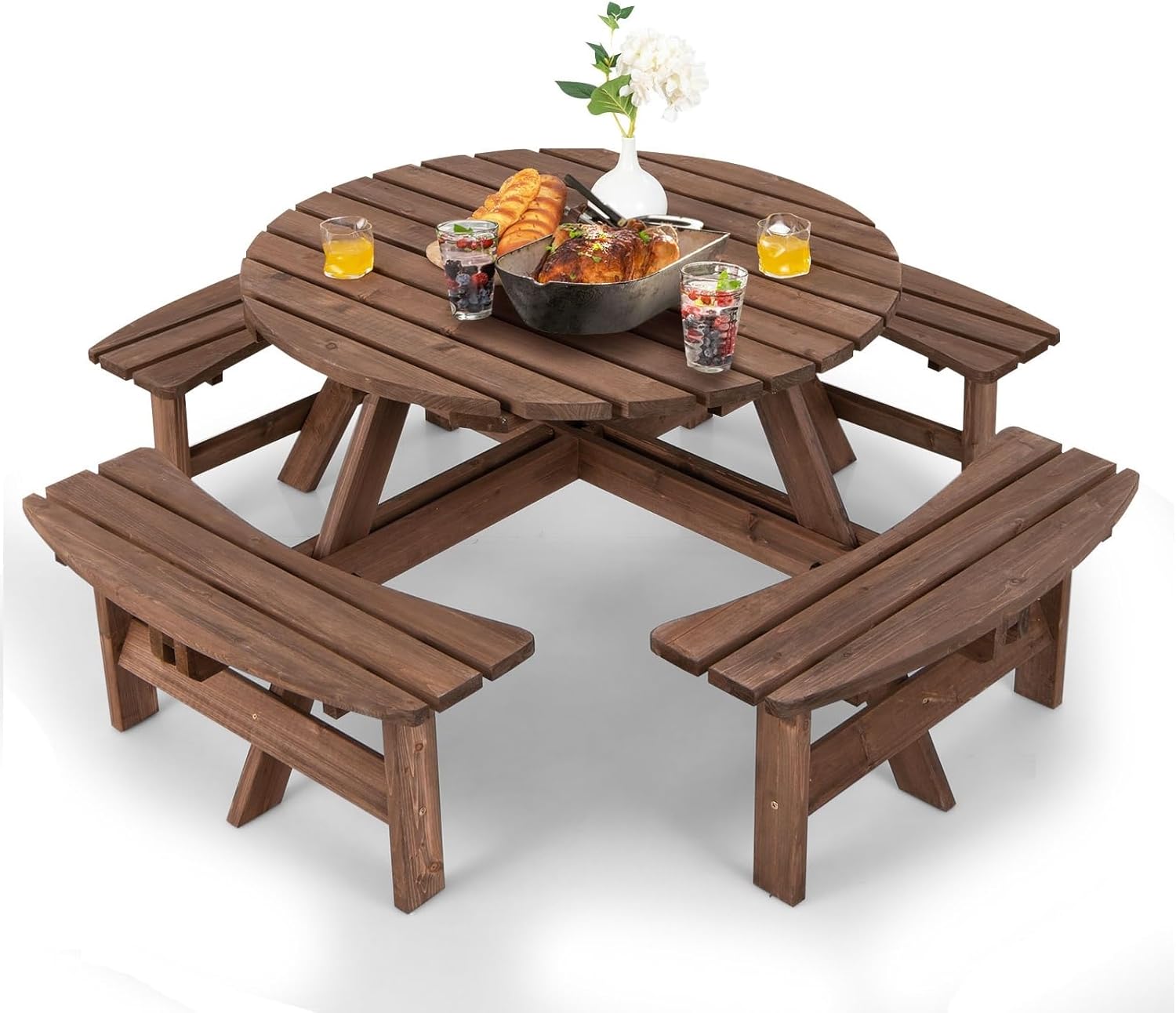GIANTEX Round Wooden Outdoor Table and Benches Set, Garden Furniture