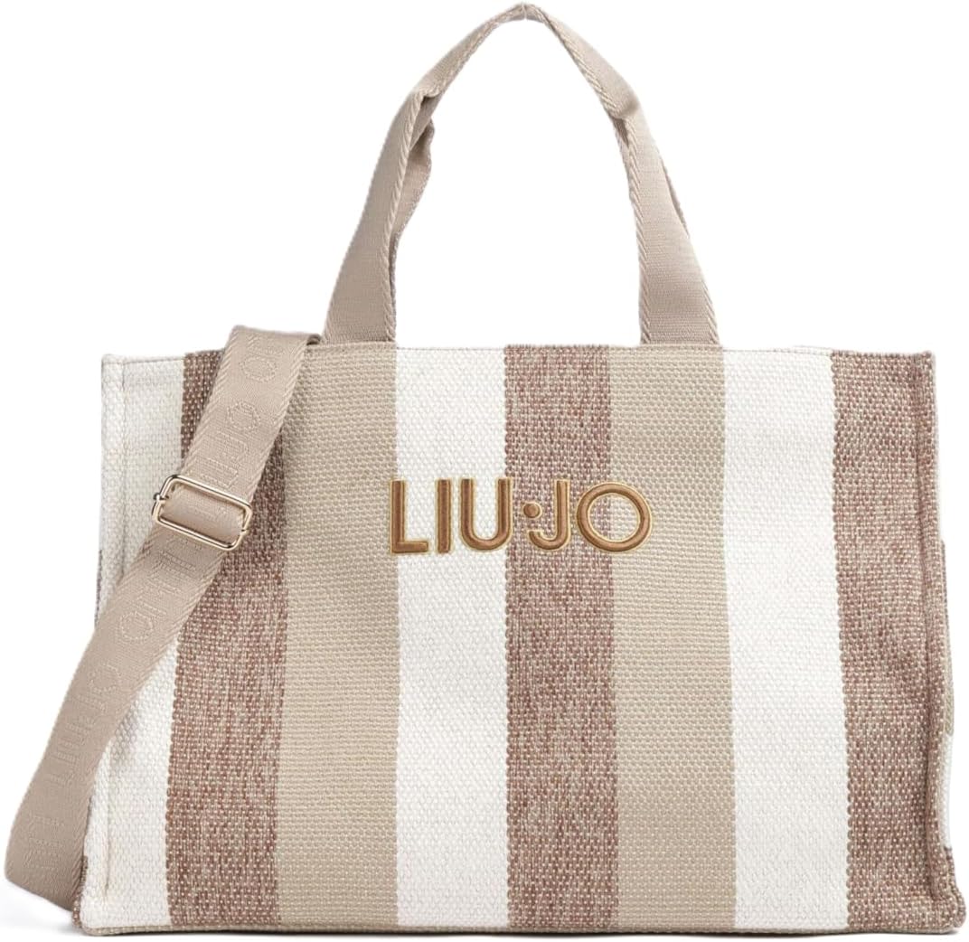 Liu Jo Striped Canvas Handbag, Sand, 40 x 30 x 20 cm, with Adjustable