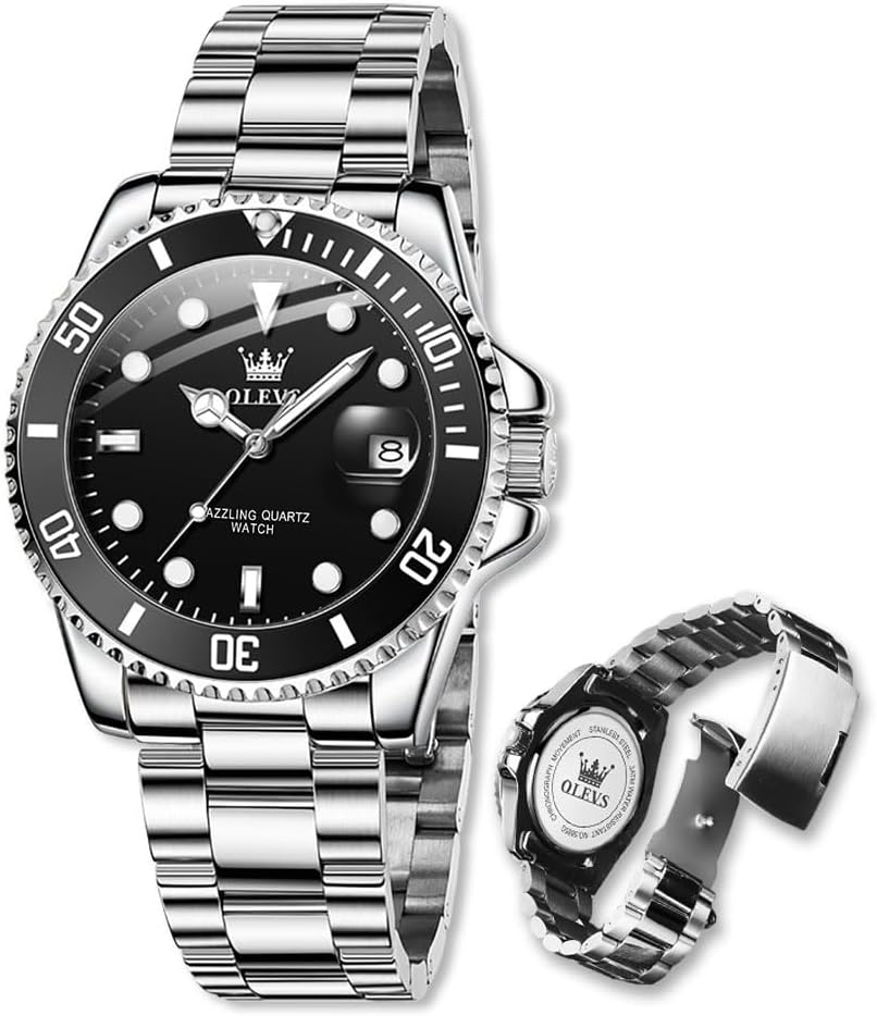 Men's Stainless Steel Watches, 41 mm Diameter with Luminous Hands and