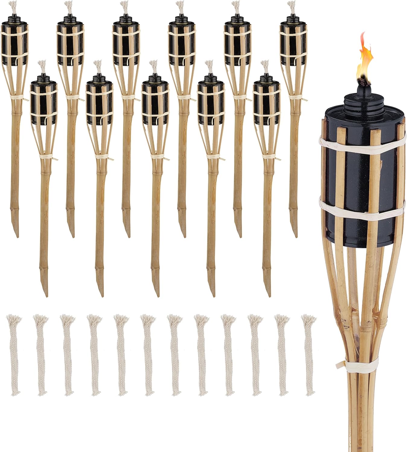 Relaxdays Outdoor Torches 50 cm High, Set of 12 Bamboo Oil Torches for