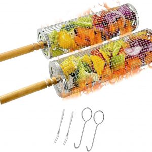 Set of 2 Rotating Stackable Grill Baskets, Removable Wooden Handles,