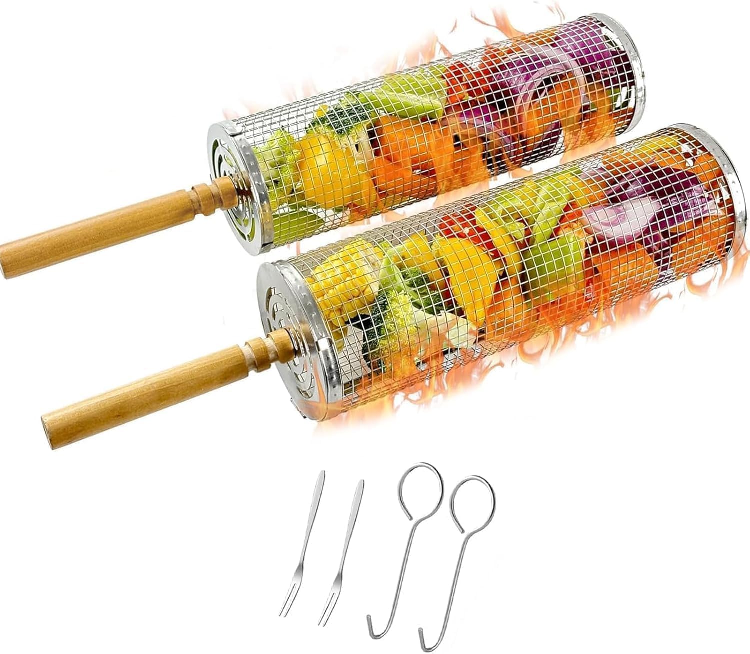 Set of 2 Rotating Stackable Grill Baskets, Removable Wooden Handles,