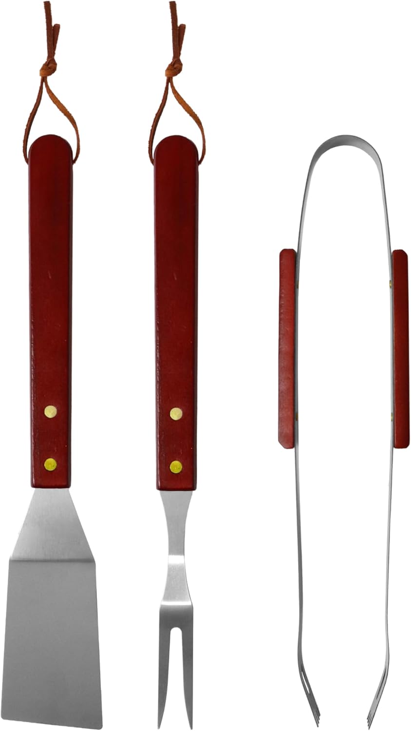 Set of 3 Stainless Steel Barbecue Tools with Wooden Handles: Scoop