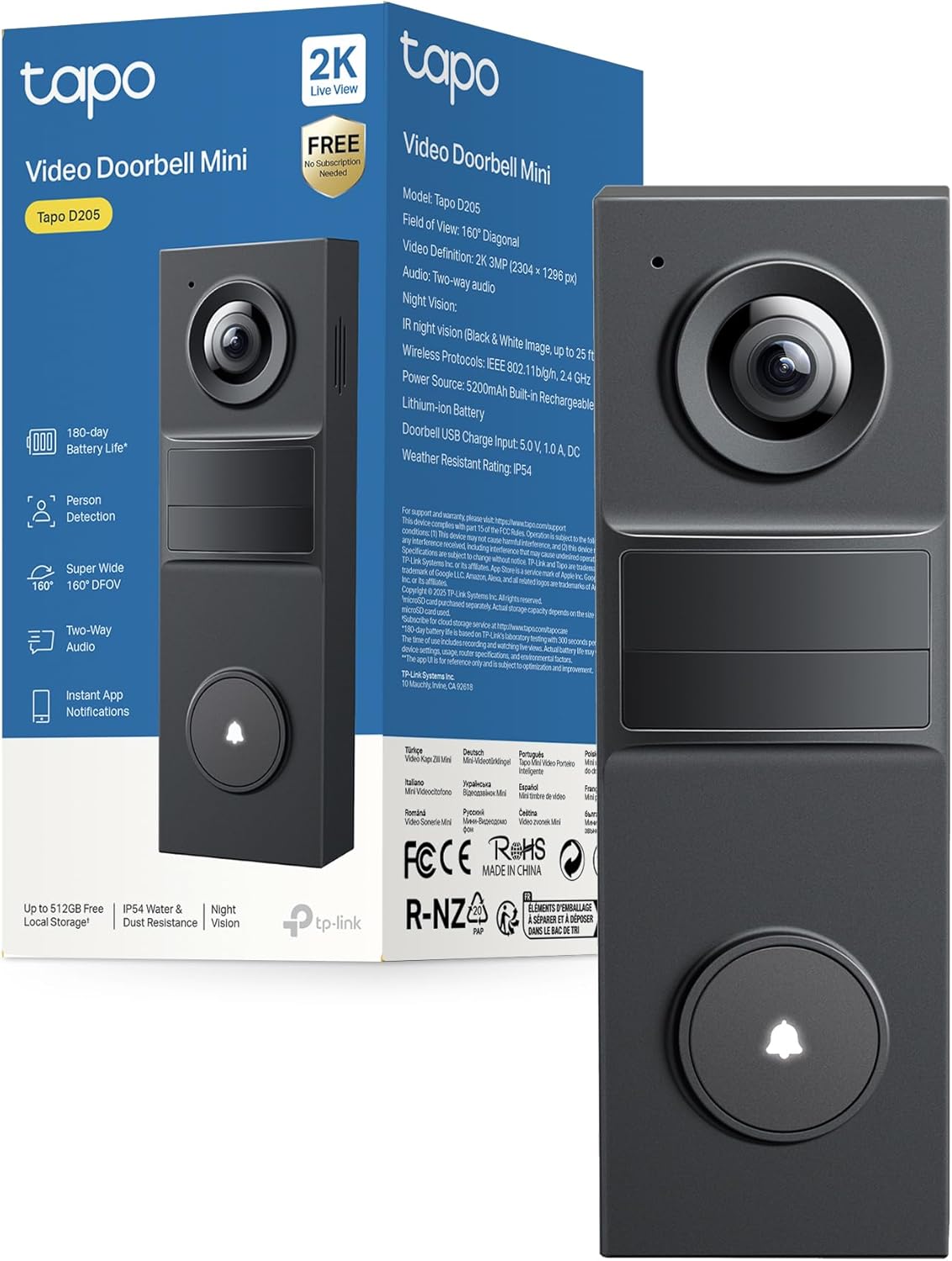 Tapo D205 Video Door Phone 2K 3MP, 160° Field of View, AI Detection,